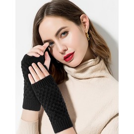 MELLIEX 2 Pairs Half Fingerless Gloves Winter Pulse Warmer Gloves with Thumb Hole Warm Knitted Hand Warmers Unisex, Black + white