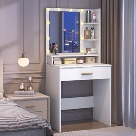 knoworld Small Vanity Desk with Mirror and Lights, One Drawer Narrow Makeup Vanity, Compact Vanity for Girls, Teen Make up Vanity with Three Shelves, Brightness Adjustable Mini Vanity, White