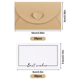 metagio Mini Envelopes, 30 Kraft Paper Envelopes with 30 Blank Paper Cards, Wedding Envelopes with Heart Closure for Wedding Greeting Cards Birthday Cards Party Invitation
