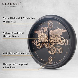 CLXEAST 24 Inch Moving Gear Wall Clock with World Map Pattern,Large Black Gold Metal Wall Clock for Modern Farmhouse Living Room Decor,Reloj De Pared para Sala