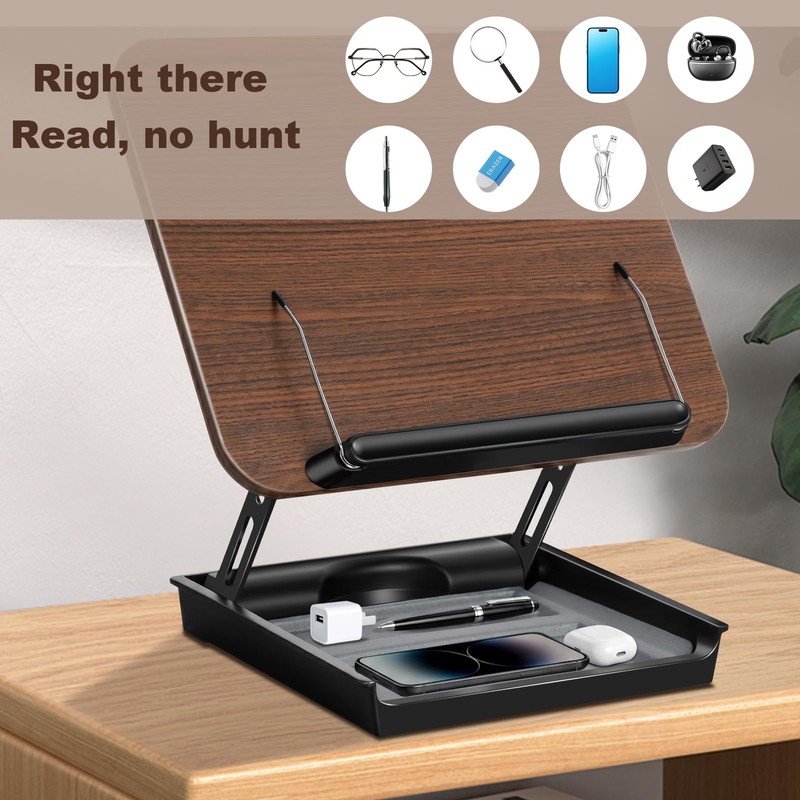 Book Stand for Reading, Wooden Cookbook Stand with Storage