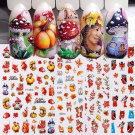 8 Sheets Fall Leaves Nail Art Stickers 3D Pumpkin Autumn Maple Leaves Sunflower Design Decals Thanksgiving Day Nail Art Stickers DIY Manicure Decoration Accessories for Women Nail Decorations