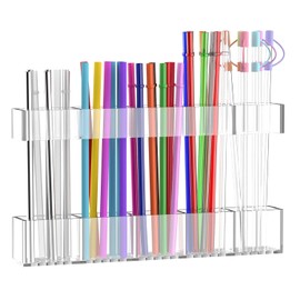 Straw Holder for Cabinet Door, 9.8” Adjustable Two-Part Large Acrylic Straws Organizer with Ultra Sticky Adhesive Strips, 2025 Reusable Straw Storage for Kitchen Cupboard(Transparent)