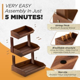 HOLANA Acacia Wood Fruit Basket - Fruit Bowl for Kitchen Counter, Fruteros Para Cocina , Fruit and Vegetable Storage (Walnut, 2 Tier)