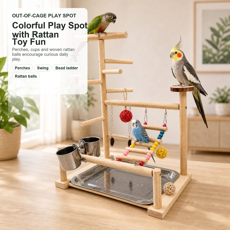 Bird Playground Natural Wood Parrot Stand with Ladder Swing Food
