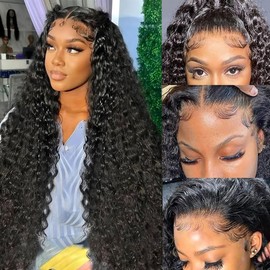 Kdmidun 13x6 Deep Wave Lace Front Wigs Human Hair Pre Plucked 28 Inch 13x6 HD Transparent Lace Frontal Curly Wigs Human Hair 180% Density Glueless Deep Curly Human Hair Wigs For Women Natural Black