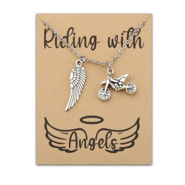 Zuo Bao Motorcycle Memorial Jewelry Memorial for Brother Dad Husband Sympathy Gift Riding with Angels Bracelet with Wing Car Truck Memorial (necklace)