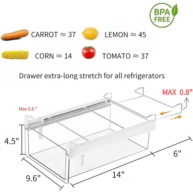 BIINONE Large Fridge Drawer Organizer 14in-20in Upgradation Refrigerator Undershelf Drawer,