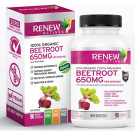 Renew Actives RENEW ACTIVES Organic Beetroot Supplement 1300MG per 2 Capsules - Pure Beetroot Powder for Circulation, Natural Energy, & Antioxidant Benefits - High-Potency Superfood, Made in Canada - 90 Capsules