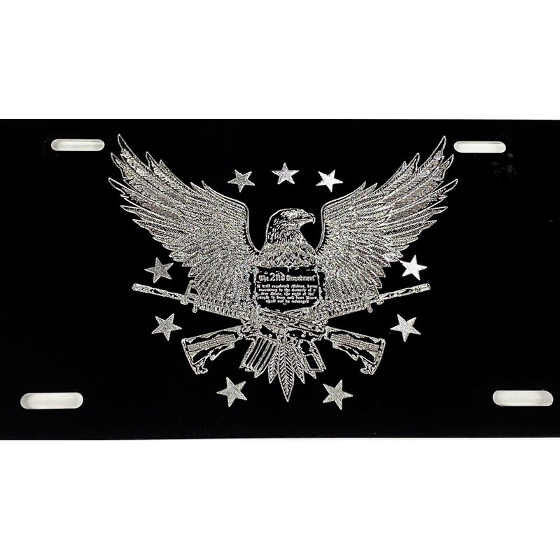 Engraved 2nd Amendment Eagle Car Tag Diamond Etched Black Metal