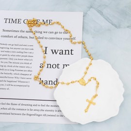 TKMIRA 18K Gold Plated Rosary Bead Cross Necklace for Women Men Rugged Catholic Rosary for Car (Gold)