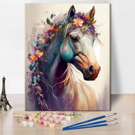 TUMOVO Horse Paint by Numbers Adult Charming Portrait of a Horse and Delicate Florals Paint by Number Kits Animal Painting for Adults Paint by Number Kits Home Decor, 16 x20 Inch, Frameless