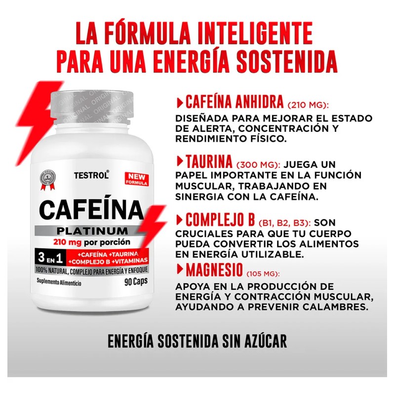 Cafeína 210 Mg | Testrol Platinum | 90 Cápsulas Sin