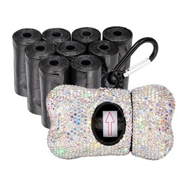 SAVORI Dog Poop Bag Holder Bling Rhinestone Poop Bag Leash Dispenser for Pet Dog Doggy Waste Bags with Metal Carabiner Clip Includes 10 Roll 150 Bags (AB)