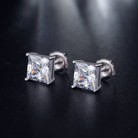 M olurgor Stud Earrings: Square, Screw Back, Princess Cut CZ Diamonds - Sterling Silver, 7MM
