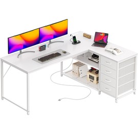 PRAISUN 53" L Shaped Desk with Power Outlets and USB-C Port, Reversible Computer Corner Office Desk with 4 Fabric Drawers and 2 Height-Adjustable Shelves, Large for Gaming Writing Work Study, White