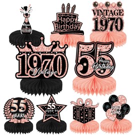 55th Birthday Decorations Centerpieces Women - 9 Pcs Rose Gold Table Decor Honeycomb Centerpieces for Vintage Cheers to 55 Years Old Anniversary Retirement Party Supplies