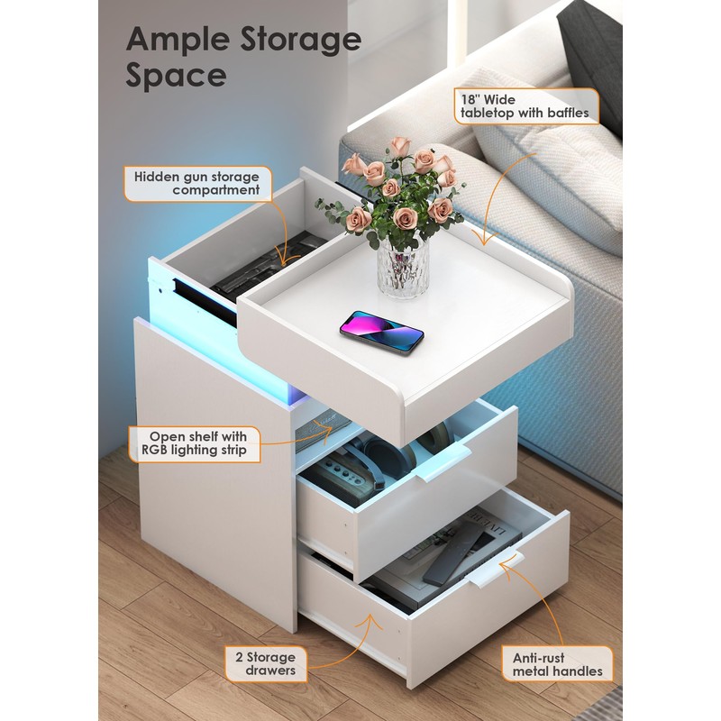 Turosur LED Night Stand with Gun Drawer, Smart Nightstand with