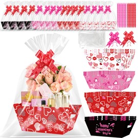 EUVBOKW 12 Pcs Valentine Gift Baskets,Love Heart Empty Boxes with Cellophane Bags and Ribbons for Romantic Valentine's Day Gifts and Wedding Decor (Valentine)