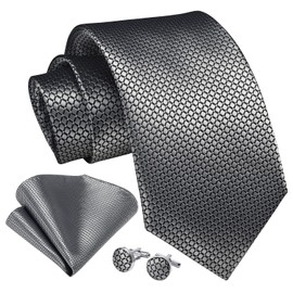 Enlision Silver Grey Ties for Men Wedding Plaid Tie and Handkerchief Cufflinks Set Formal Mens Dark Grey Necktie and Pocket Square For Business Party