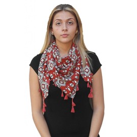 Demyrs Women's Square Ikat Pattern Tassel Fashion Scarf One Size Red