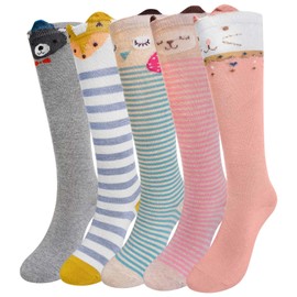 LOFIR Girls Knee High Socks: Kids Cute Animal Long Stockings Striped Cotton Seamless Funny Children's Socks Teenage Novelty Over Calf School Socks for Gifts Party Birthday Animal 5 Pairs 4-6 Years