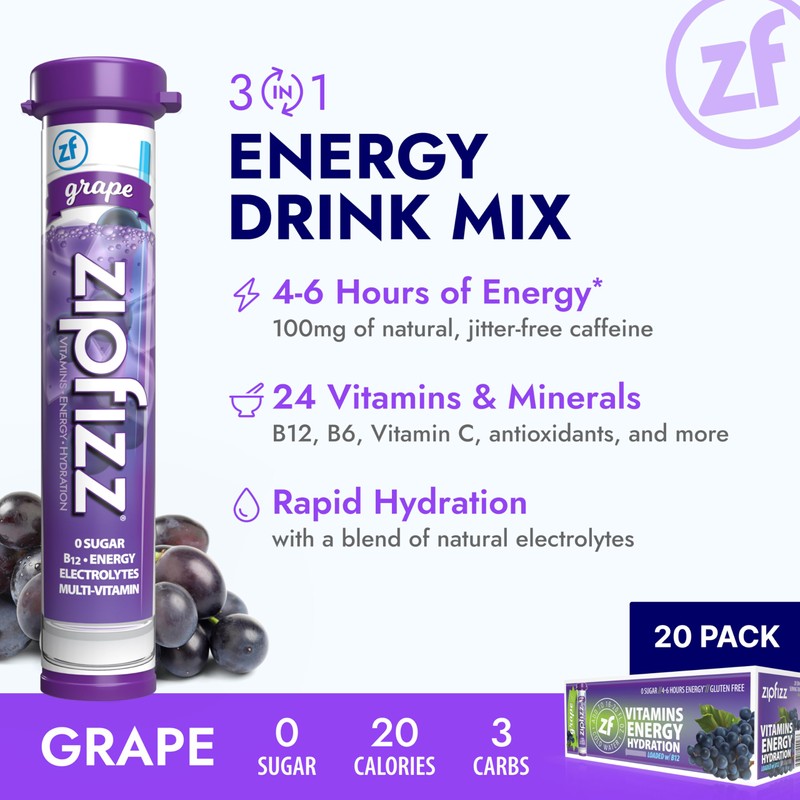 Zipfizz Daily Energy Drink Powder, Grape, 20 Pack | 3-in-1