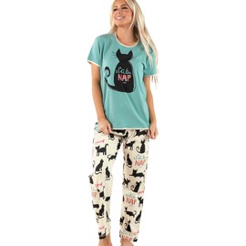 Lazy One Women's Pajama Set, Short Sleeves with Cute Prints, Relaxed Fit, Animal (Cat Nap Blue, Medium)