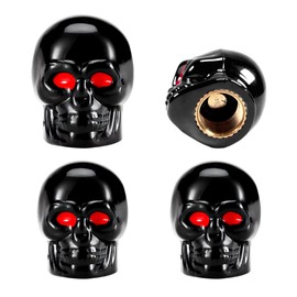 Gasedin 4 PCS Skull Style Tire Valve Stem Cap, Dustproof Skull Tire Stem Cap with Rubber Ring, Red Eye Rustproof Copper Core Vehicle Tire Valve Cover, Universal Car Accessories (Black)