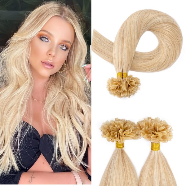 Benehair U Tip Hair Extensions Real Hair Bondings Extensions Keratin Extensions Real Hair 100 Strands/Bag 0.5 g/Share Real Hair Extensions Bondings 20 Inches Camel and Light Gold #18P613