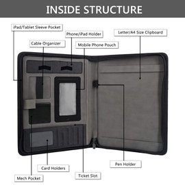 GraduationMall A4 Writing Case with Clipboard - Black Portfolio Padfolio with Hidden Handle - Zip + PU Leather - Document Folder for Business