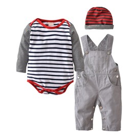 Tearfuty 3pcs Baby Boys Outfits Clothes Sets Striped Romper + Suspender Pants+ Striped hat （9-12 Months）