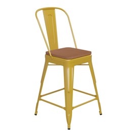 Flash Furniture Kai Commercial 24" High Indoor-Outdoor Counter Height Stool - Yellow Galvanized Steel Frame - Teak Square All-Weather Poly Resin Seat - Removable Back