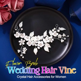 EASEDAILY Flower Bride Wedding Hair Vine Silver Leaf Bridal Headpiece Headband Pearl Hair Accessories for Women (Silver, One Size)