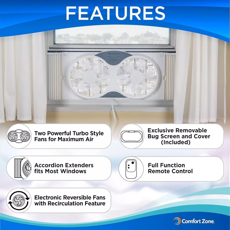 Comfort Zone 9" 3-Speed Reversible Twin Window Fan with Remote