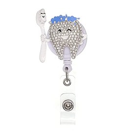 Smiling Tooth Rhinestone Alloy Badge Holder Cute Retractable ID Badge Scroll Gift, Suitable for Nurse/Doctor/Dentist
