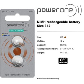 Power One ACCU Plus Size 312 Rechargeable Hearing Aid Batteries