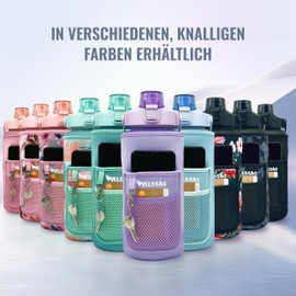 Velesas® 2l Wasserflasche mit motivierender Zeitmarkierung | Trinkflasche aus Tritan mit Strohhalm | Sportflasche für Schule, Job, Fitnessstudio (Violett mit Neoprenhülle, 2000ml)