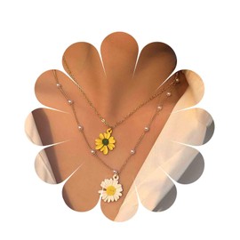 Allereya Vintage Layered Daisy Flower Pendant Necklace Daisy Flower Necklace Gold Pearl Station Chain Necklace Flower Choker Necklace Jewellery for Women and Girls, Zinc, No Gemstone