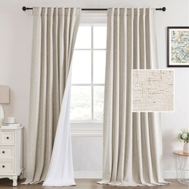 PrinceDeco 100% Blackout Curtains for Bedroom Linen Blackout Curtains 96 inches Long Back Tab/Rod Pocket Blackout Curtains for Living Room Thermal Curtains with White Liner, 2 Panels, Natural