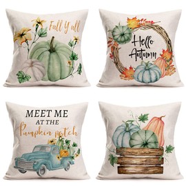 Fukeen Pumpkin Home Fall Decor Throw Pillow Covers 24x24 Inch Set of 4 Autumn Harvest Maple Leaf Flower with Blue Truck Rustic Farmhouse Decorations Pillow Cases Thanksgiving Cotton Linen