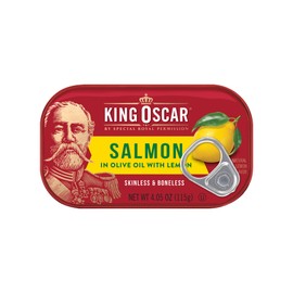 King Oscar Premium Salmon in Olive Oil with Lemon, 4.05-Ounce Cans (Pack of 12, Packaging May Vary), Skinless & Boneless Salmon