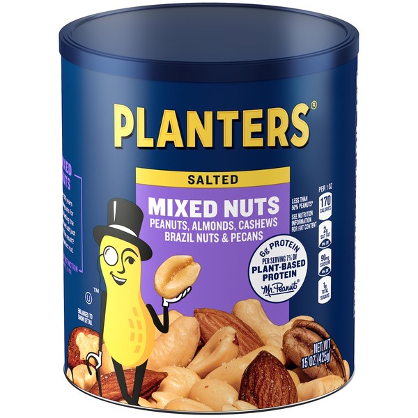 Planters Mixed Nuts Less Than 50% Peanuts with Peanuts (Almonds, Cashews, Hazelnuts & Pecans, 12 ct Pack, 15 oz Canisters)