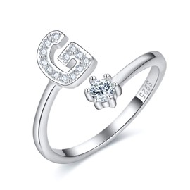 CRYSLOVE Women’s / Girls’ Letter Ring - 925 Sterling Silver - Open & Adjustable Initial Ring - A-Z Alphabet Rings with Gift Box, Silver, G