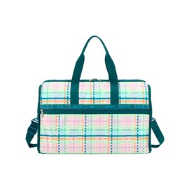 LeSportsac Mason Madras Deluxe Large Weekender Crossbody Bag, Style 4319/Color E875, Festive Tropical Hues, Modern & Fun Interpretative Plaid Design, Lively Weave Design, Chevron Background