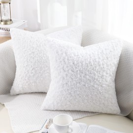 decorUhome Set of 2 Fur Cushion Covers Decorative Faux Fur Plush Fluffy Square Neutral Pillow Case for Sofa, Pure White, 18 x 18 inch/45x45cm