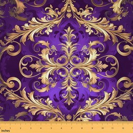 Erosebridal Damask Upholstery Fabric - Vintage Aztec Flowers, Exotic Bohemian Indoor/Outdoor, Fashion Victorian Baroque Decorative - Gold Purple, 1 Yard