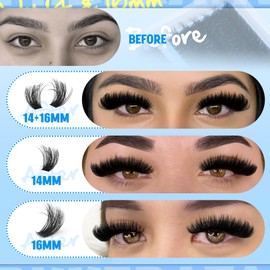 PHKERATA 14-16MM Volume Lash Clusters 120D Thick Eyelash Clusters Wispy Cluster Eyelash Extensions D Curvature Individual Lashes 216pcs Mink Cluster Lashes DIY Lash Extension