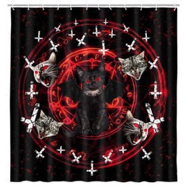 JAWO Cat Shower Curtain for Bathroom, Funny Black Cat Bath Curtain,Goth Shower Curtain,Scary Cat Pentagram Death Durable Waterproof Polyester Fabric Bathroom Curtains,Red
