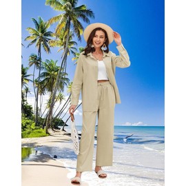 Zeagoo Women Linen Suit Two Piece Outfits Summer Beach Linen Shirt and Pants Set